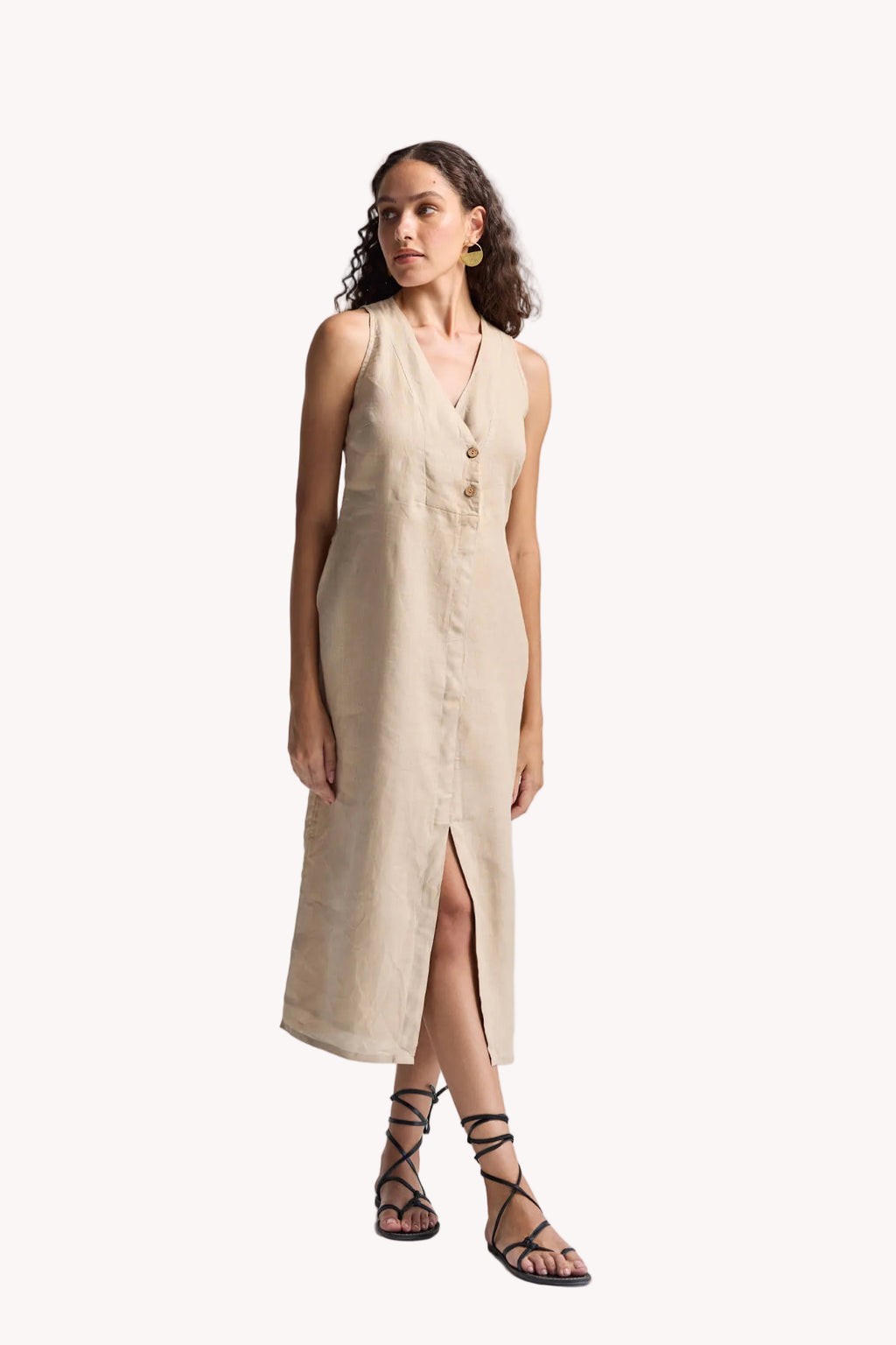 Straight Dress with Front Slit in Neutral Beige Hemp