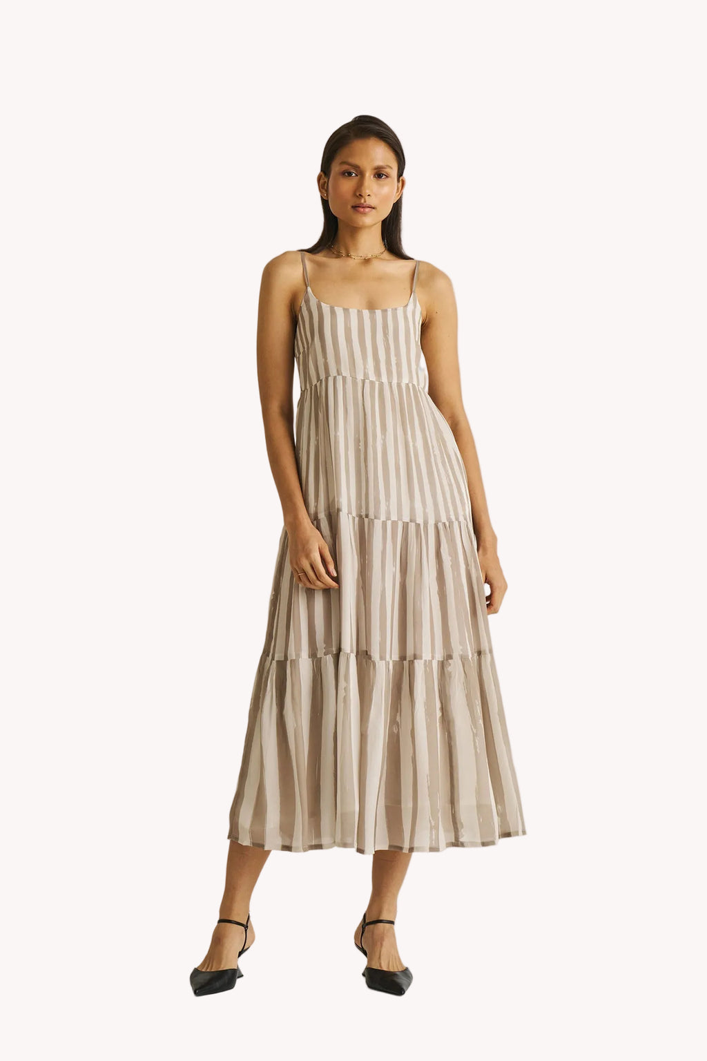 Strappy Tiered Maxi Dress in Beige Stripes