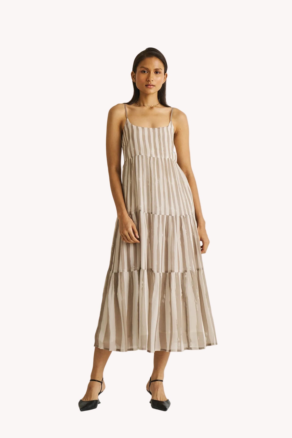 Strappy Tiered Maxi Dress in Beige Stripes
