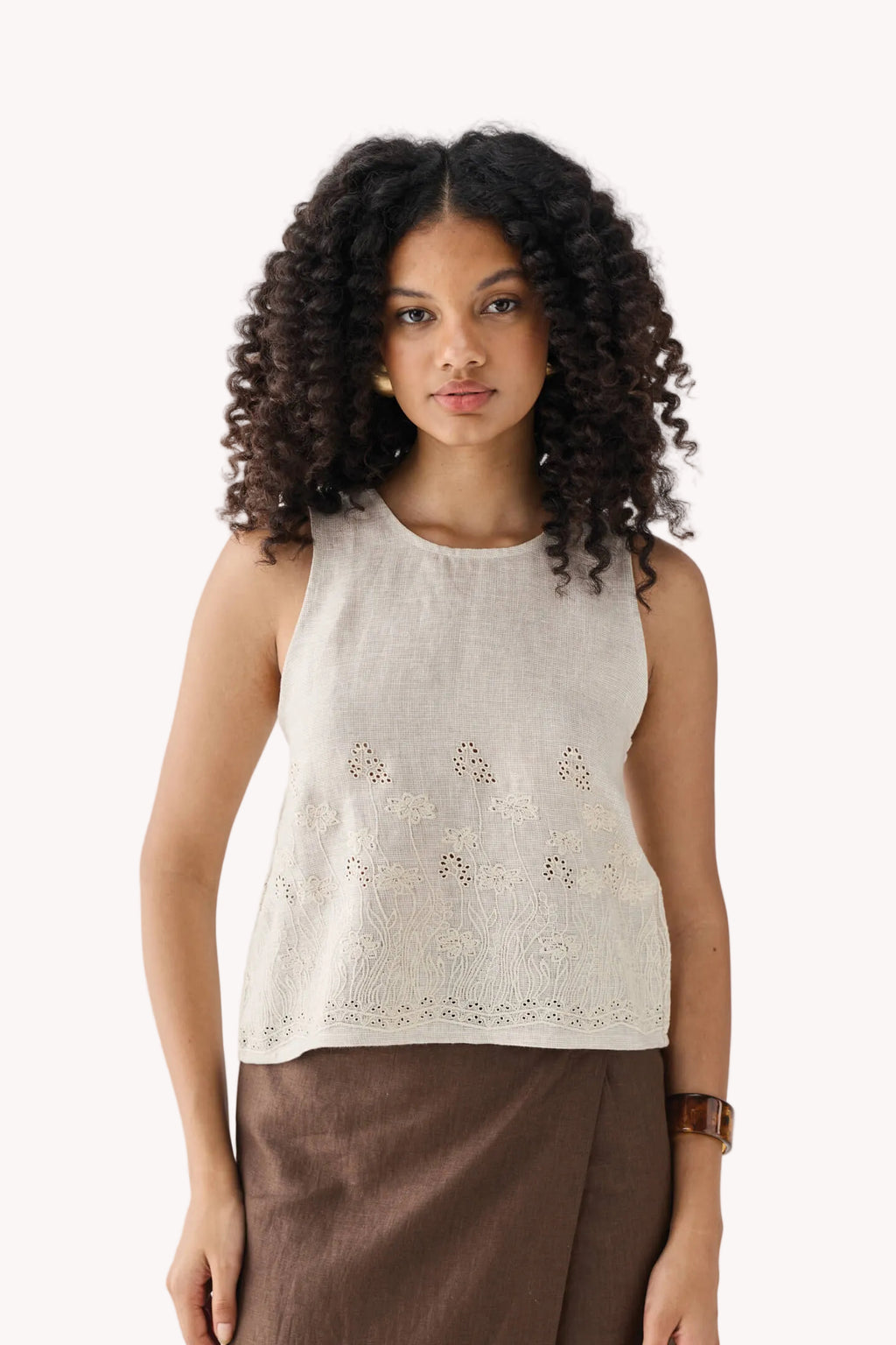 The Embroidered Button Back Top in Checkered Linen