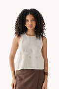 The Embroidered Button Back Top in Checkered Linen