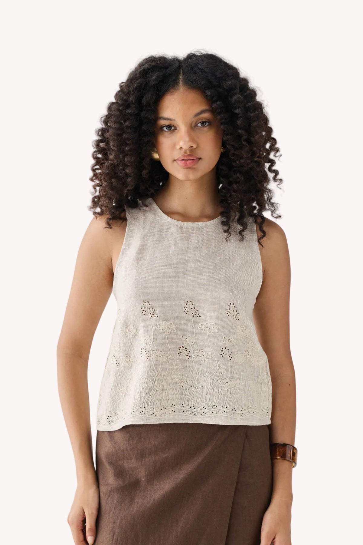 The Embroidered Button Back Top in Checkered Linen