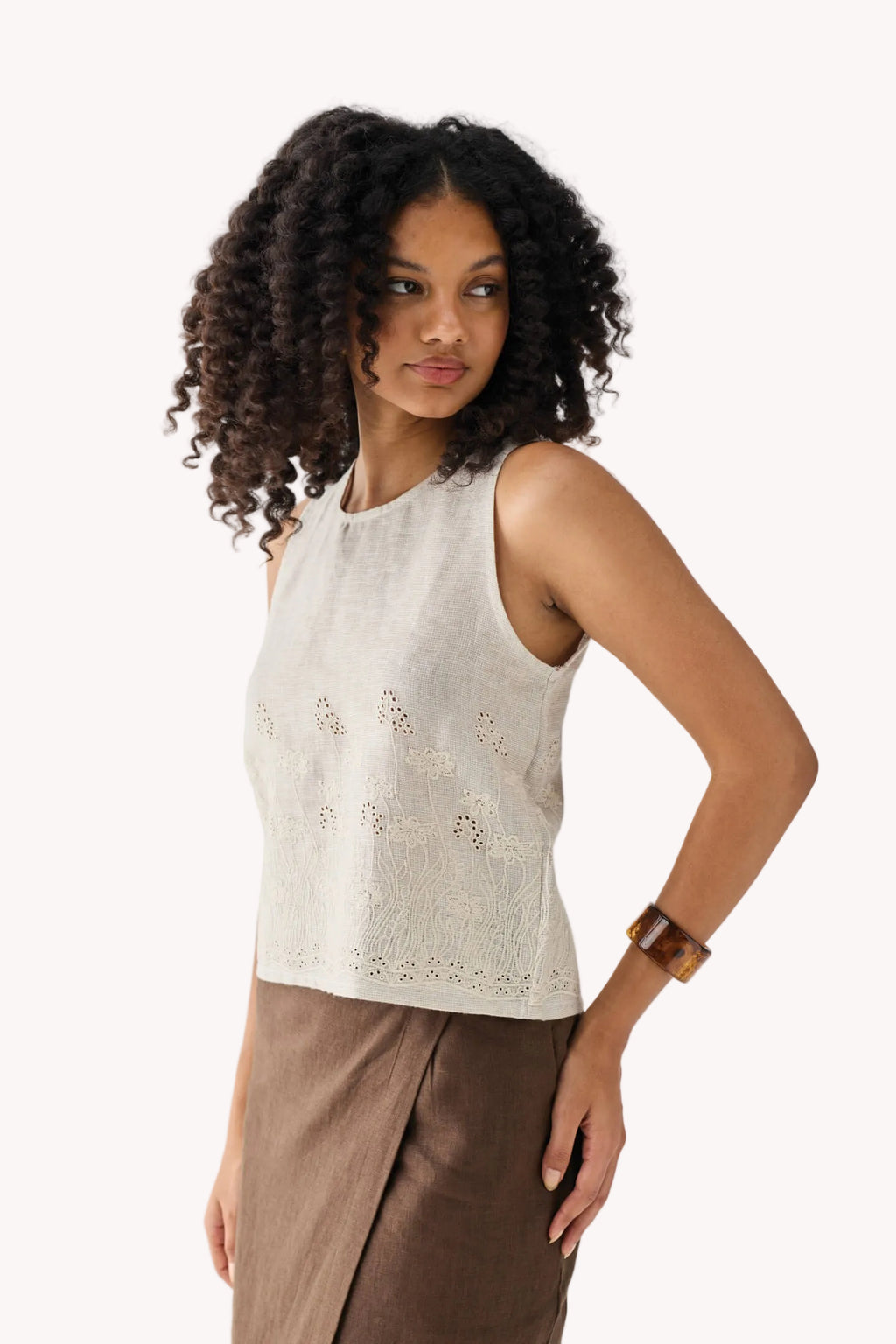 The Embroidered Button Back Top in Checkered Linen