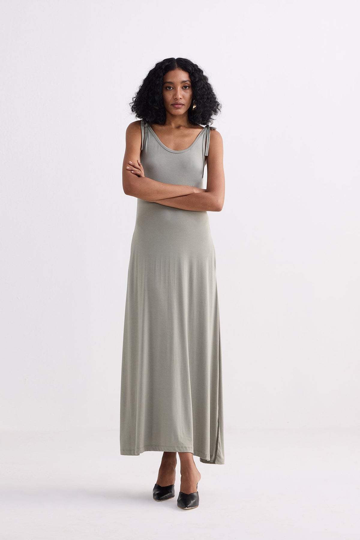 Tie-Detail Maxi Dress in Light Olive
