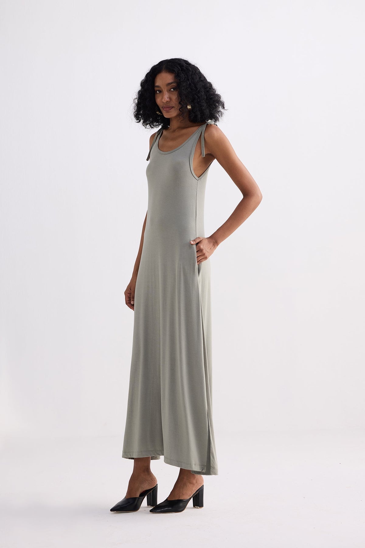 Tie-Detail Maxi Dress in Light Olive