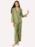 Elegant Pink Green Oriental Pajama Set with Asymmetrical Collar