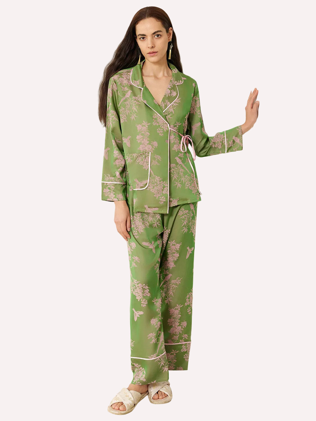 Elegant Pink Green Oriental Pajama Set with Asymmetrical Collar