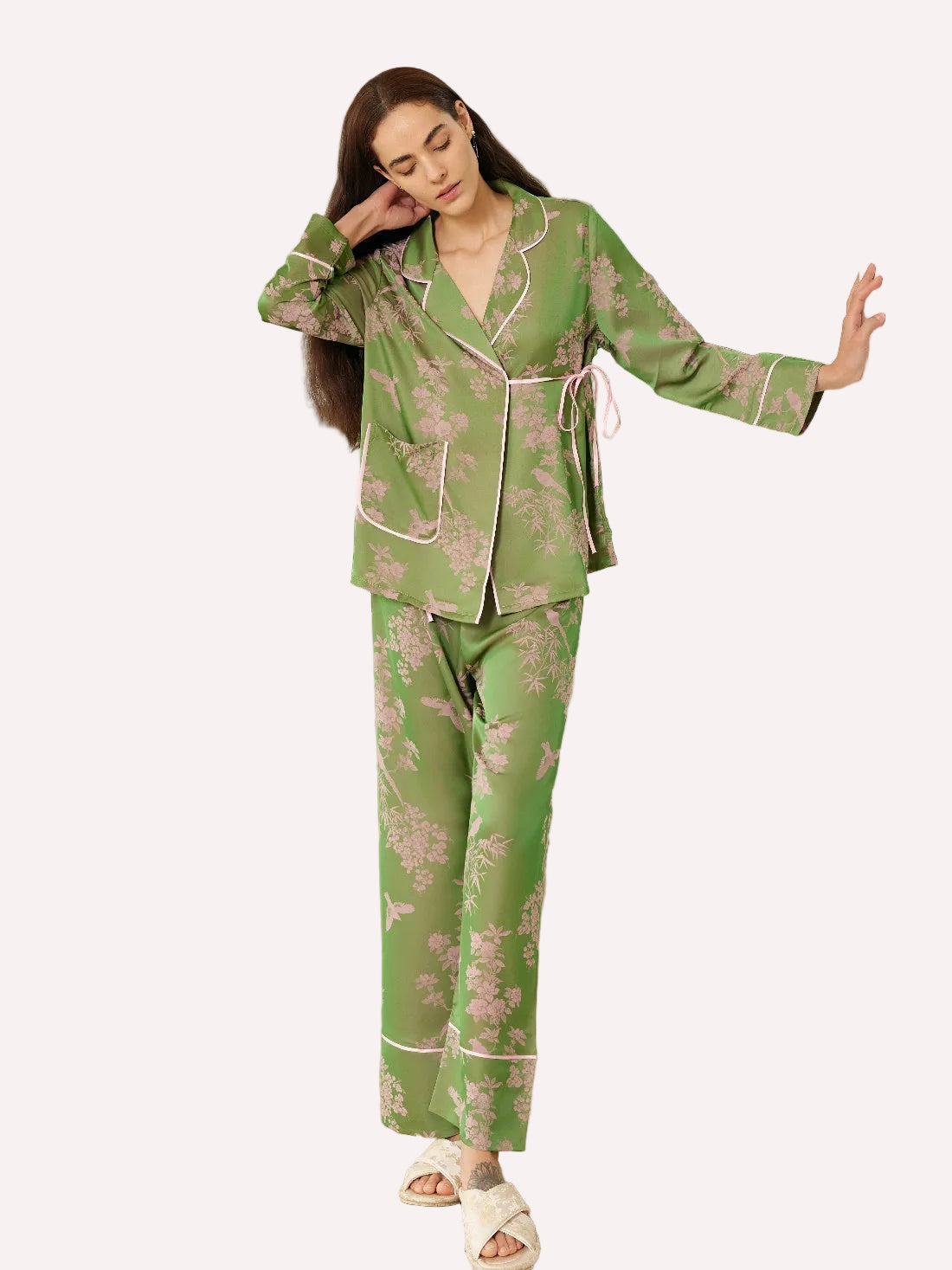 Elegant Pink Green Oriental Pajama Set with Asymmetrical Collar