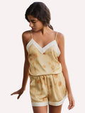 Floral Gold Camisole and Shorts Pajama Set with Pockets