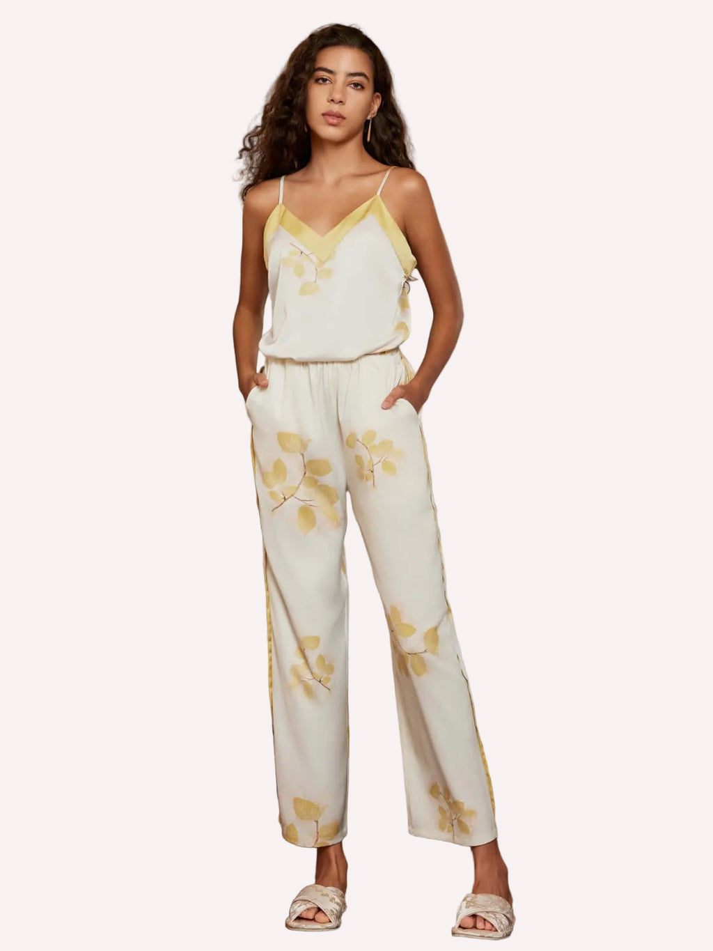 Leaves Printed Pajama Set 2Pcs with Camisole and Pants