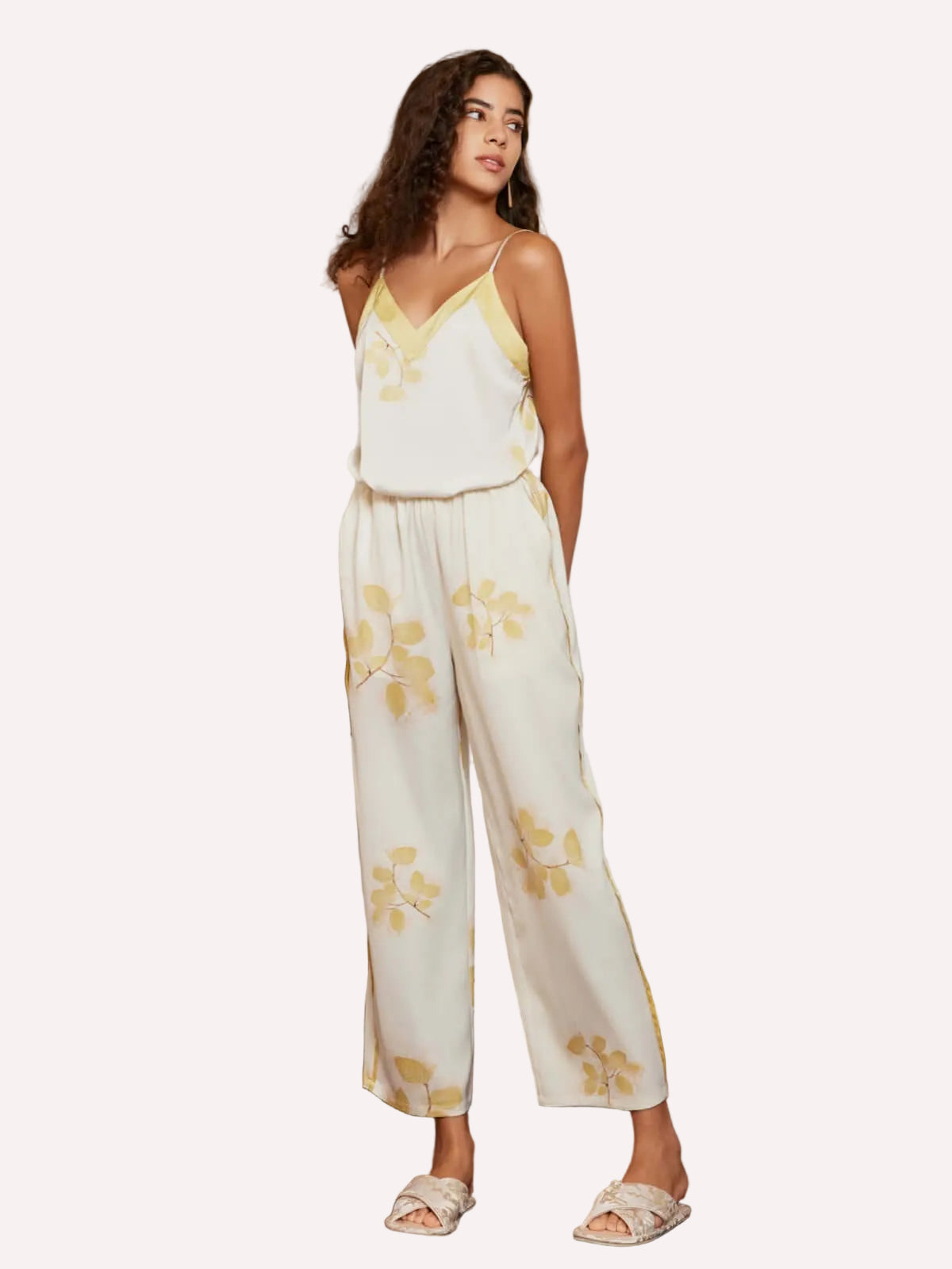Leaves Printed Pajama Set 2Pcs with Camisole and Pants