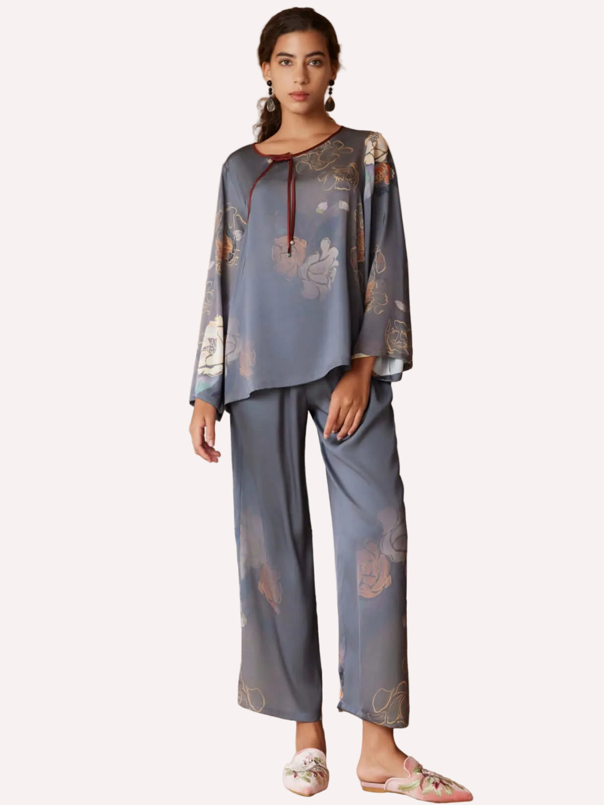 Asian Vintage Floral Peony Pajama Set 2Pcs