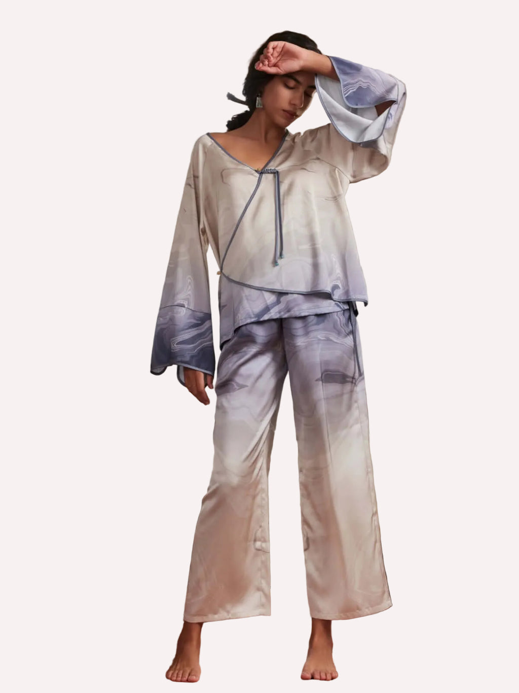 Asian Vintage Texture Painting Pajama Set 2Pcs with Blouse and Pants