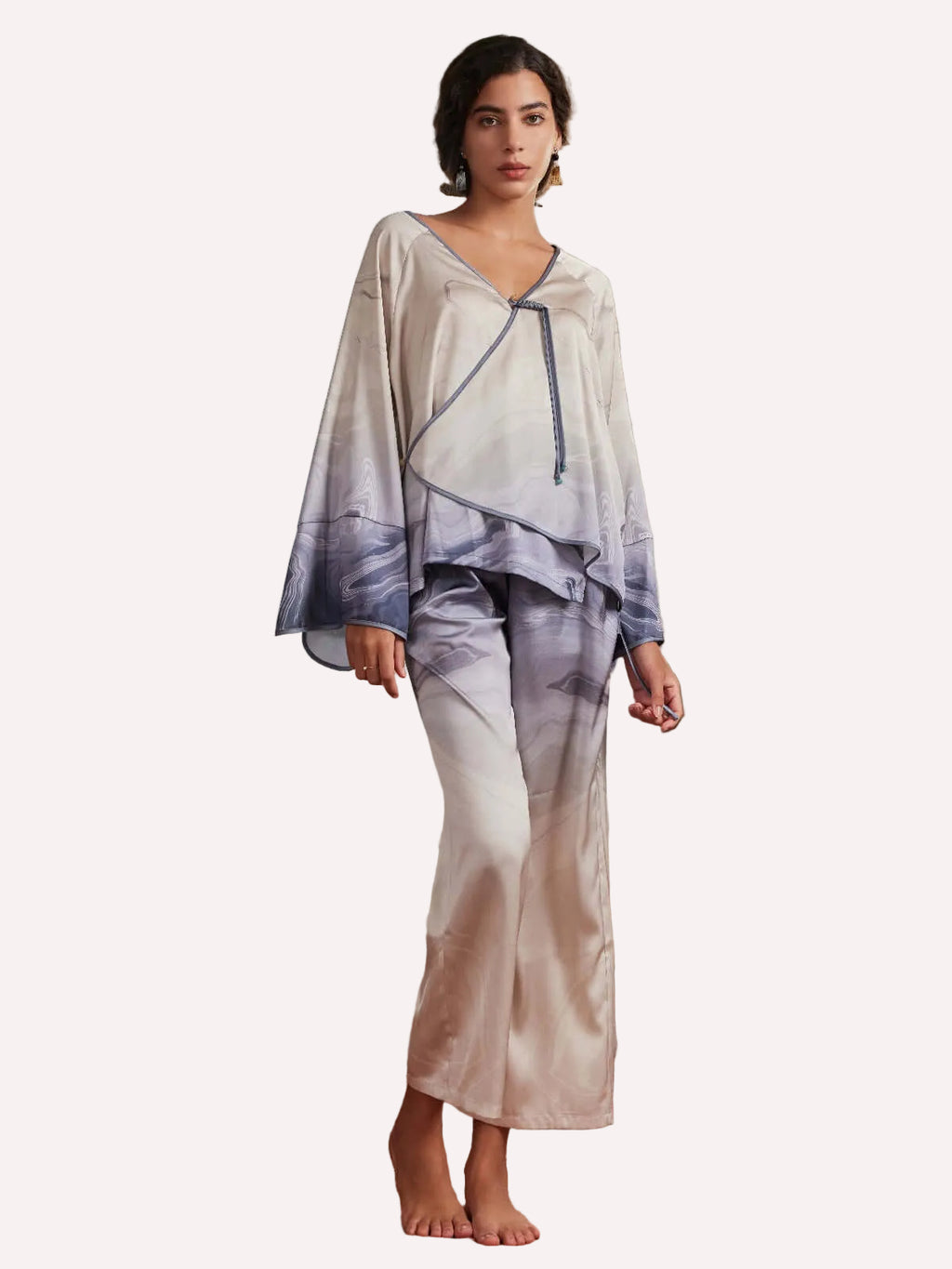 Asian Vintage Texture Painting Pajama Set 2Pcs with Blouse and Pants