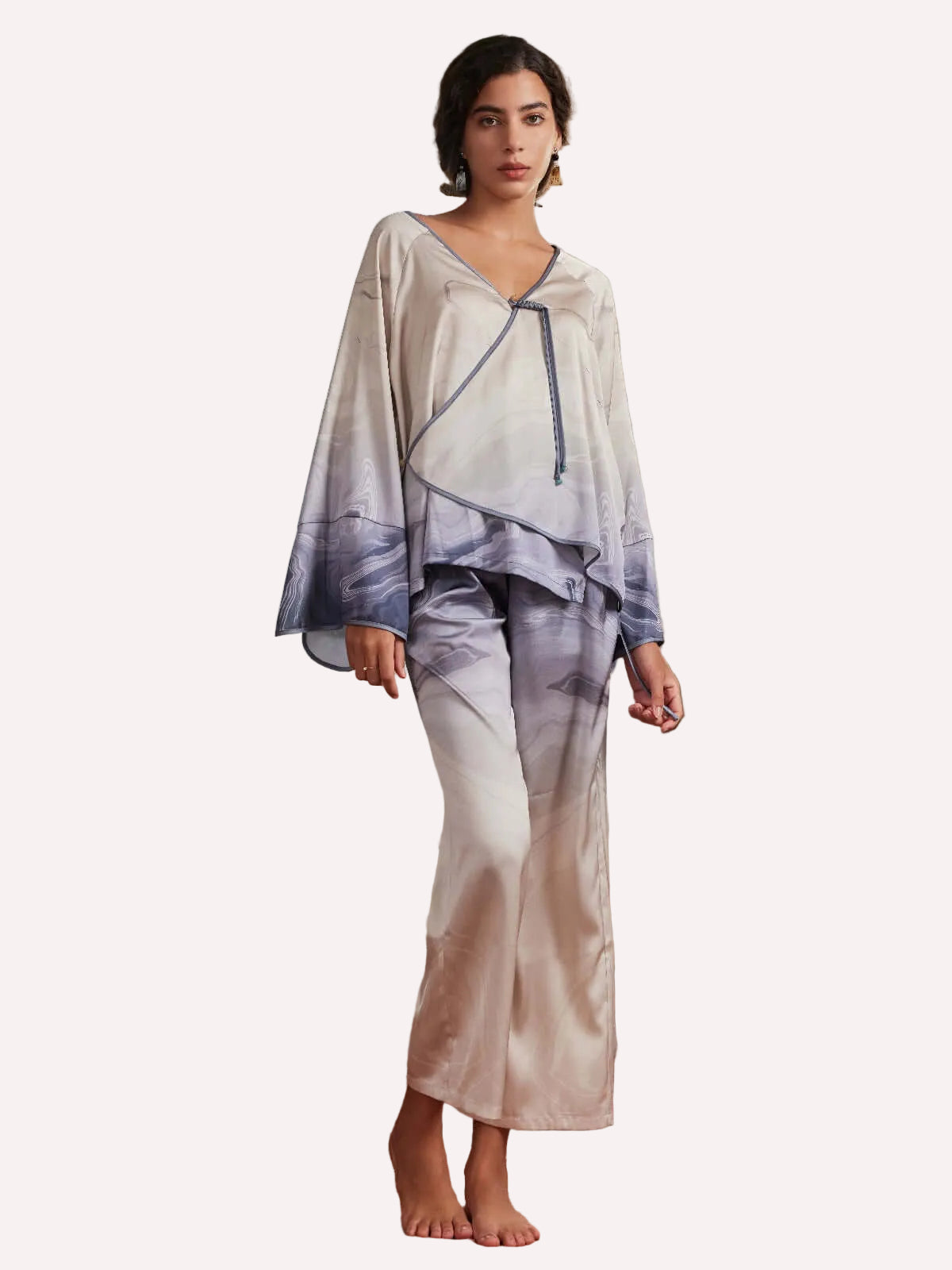 Asian Vintage Texture Painting Pajama Set 2Pcs with Blouse and Pants