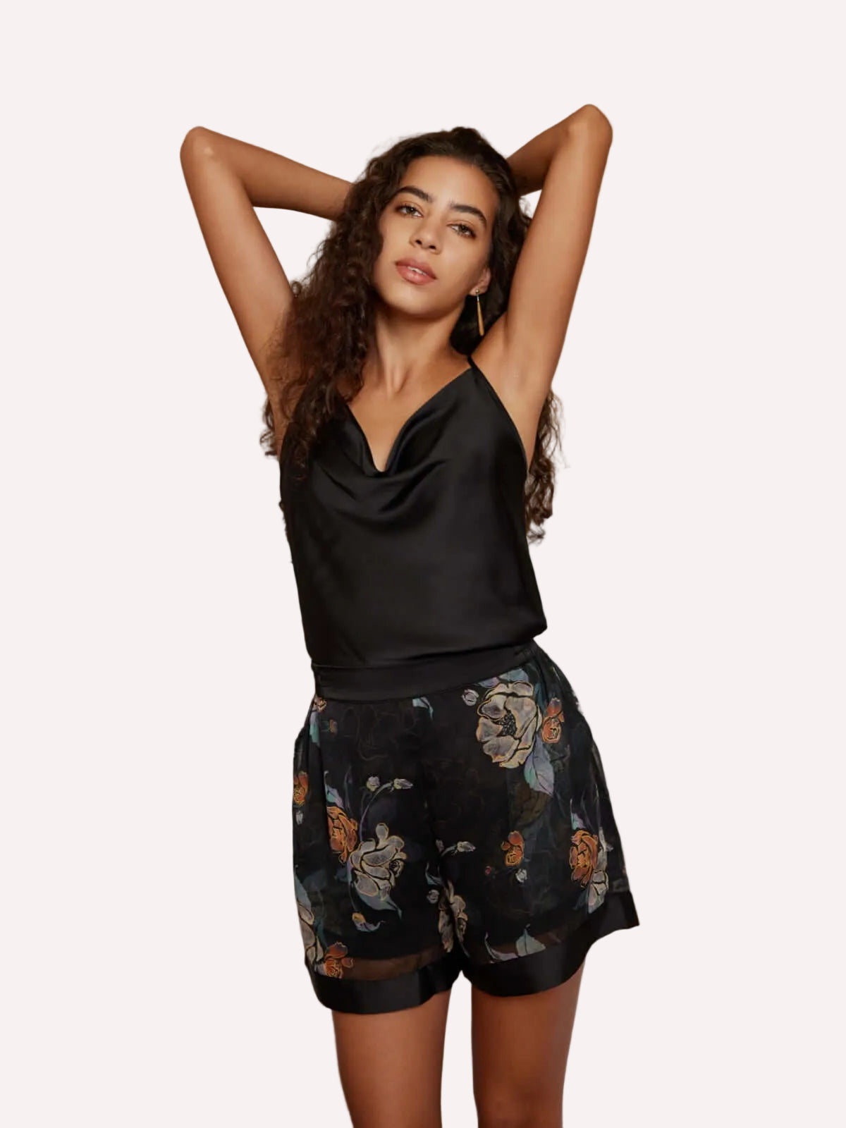 Black Floral Short Pajama Set 2Pcs Camisole and Shorts