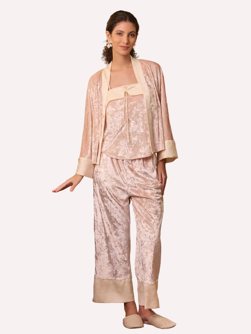 Pink Velvet Pajama Set 3Pcs with Camisole and Pants