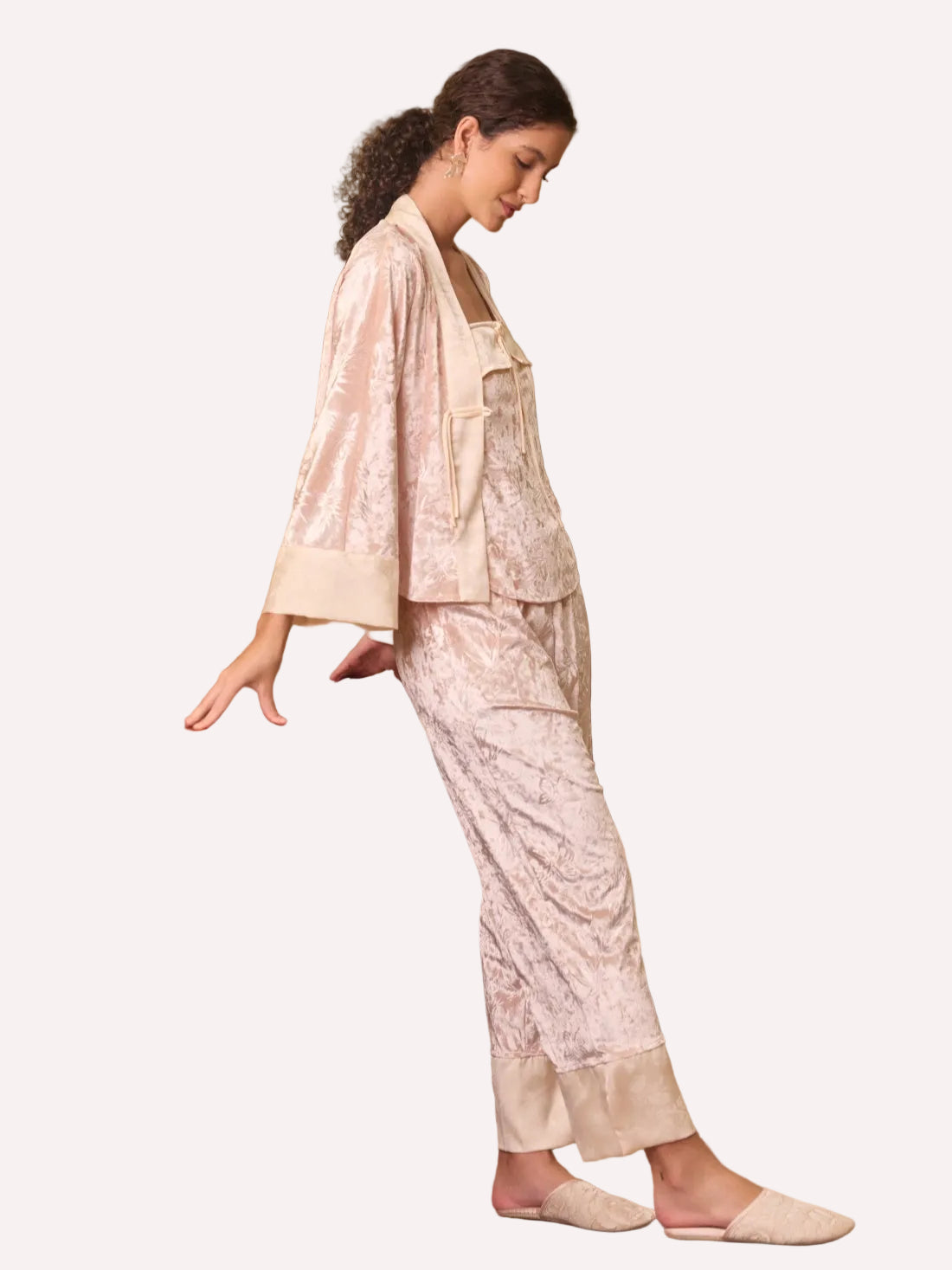 Pink Velvet Pajama Set 3Pcs with Camisole and Pants