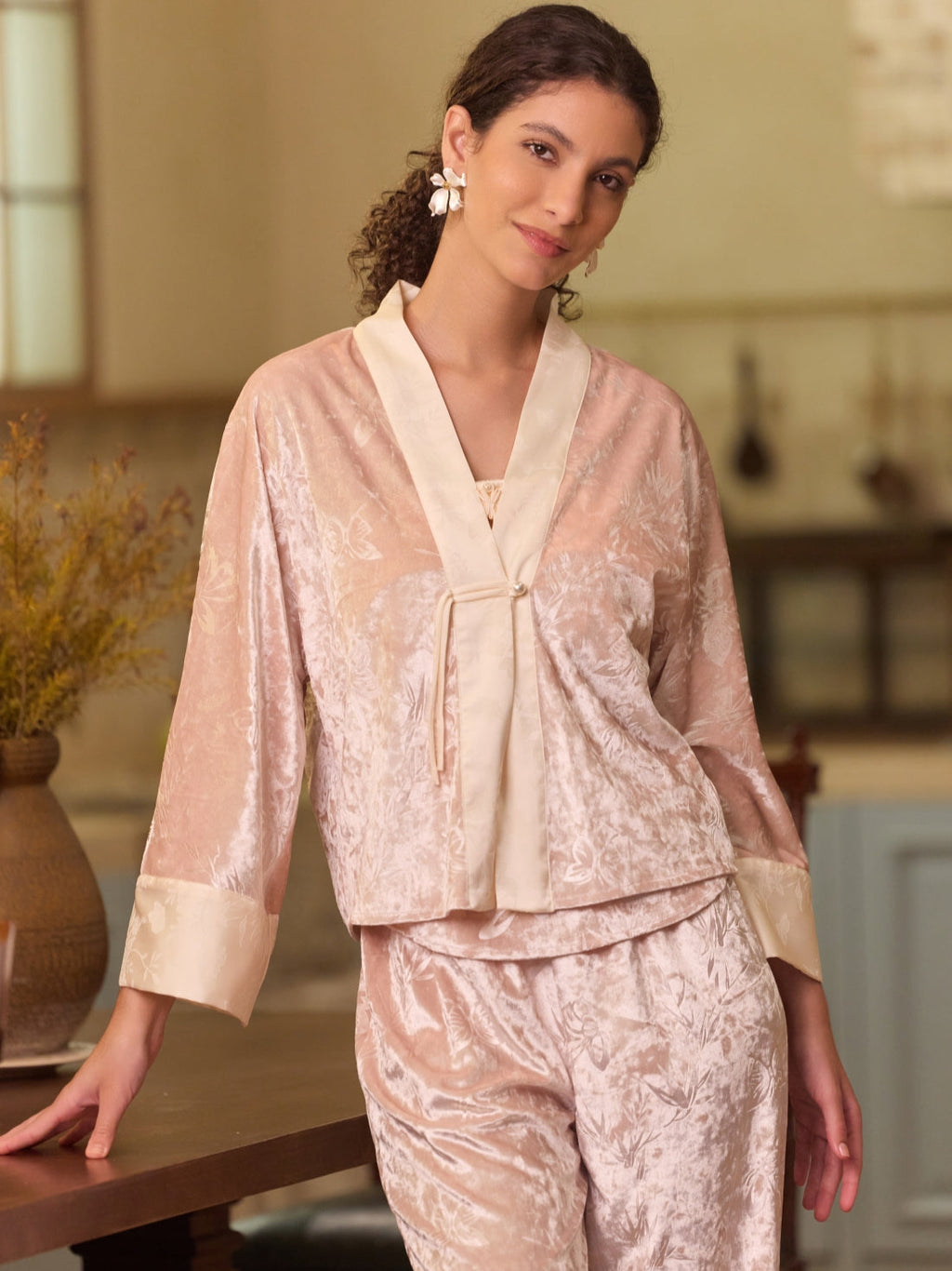 Pink Velvet Pajama Set 3Pcs with Camisole and Pants