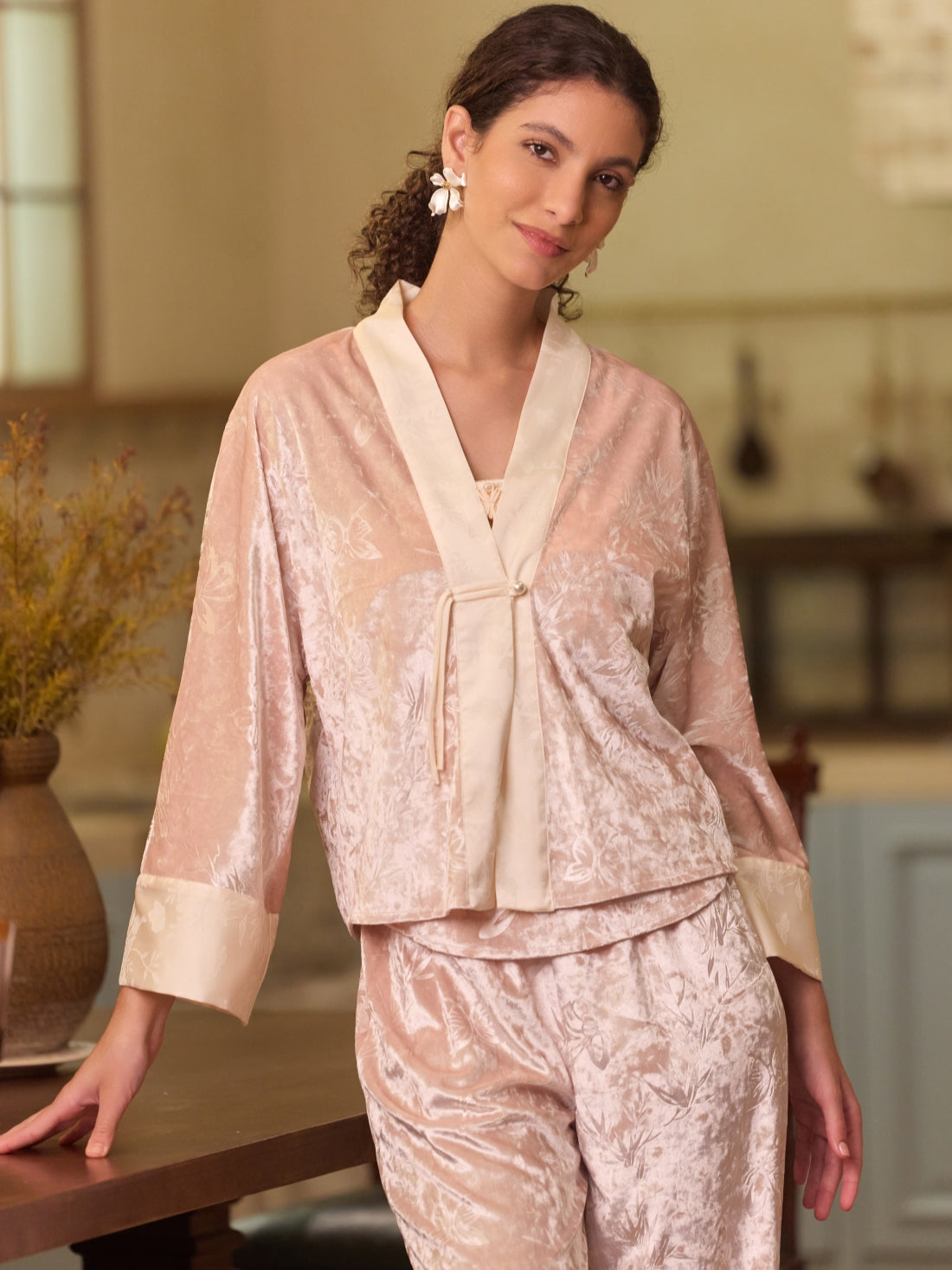 Pink Velvet Pajama Set 3Pcs with Camisole and Pants