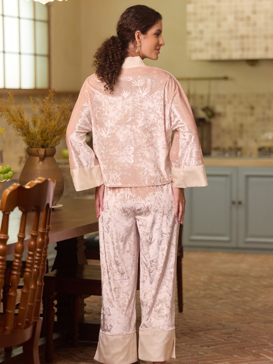 Pink Velvet Pajama Set 3Pcs with Camisole and Pants