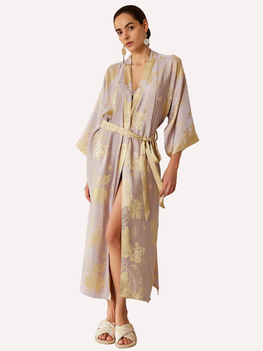 Reversible Lavender & Gold Jacquard Kimono Robe
