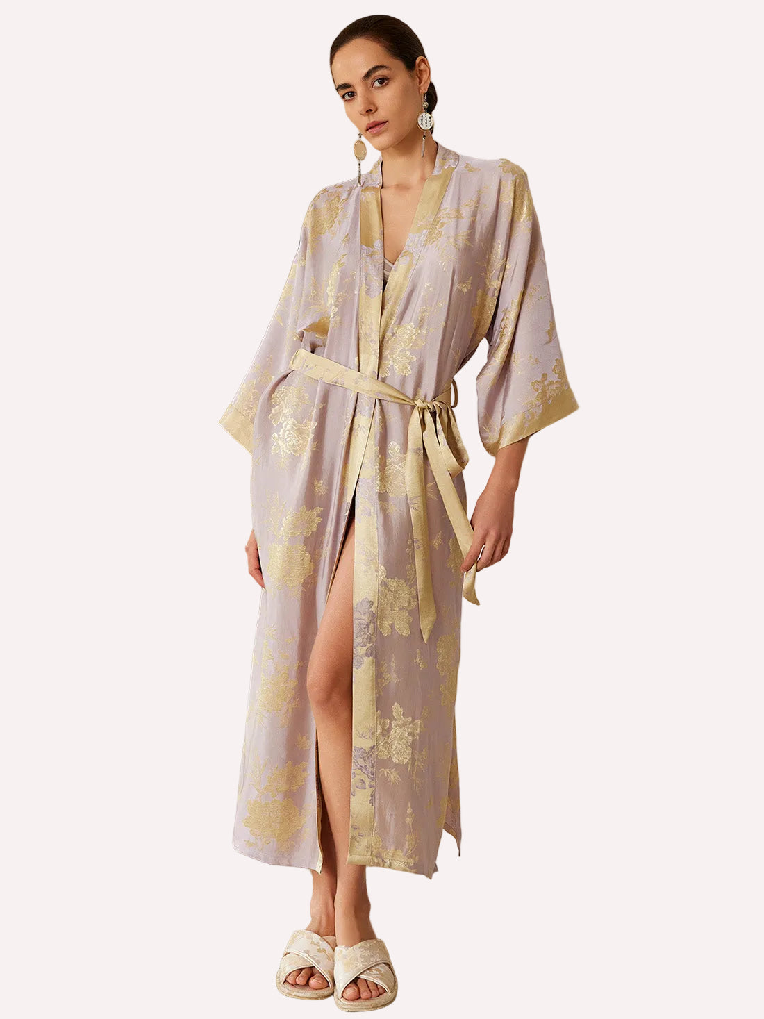 Reversible Lavender & Gold Jacquard Kimono Robe