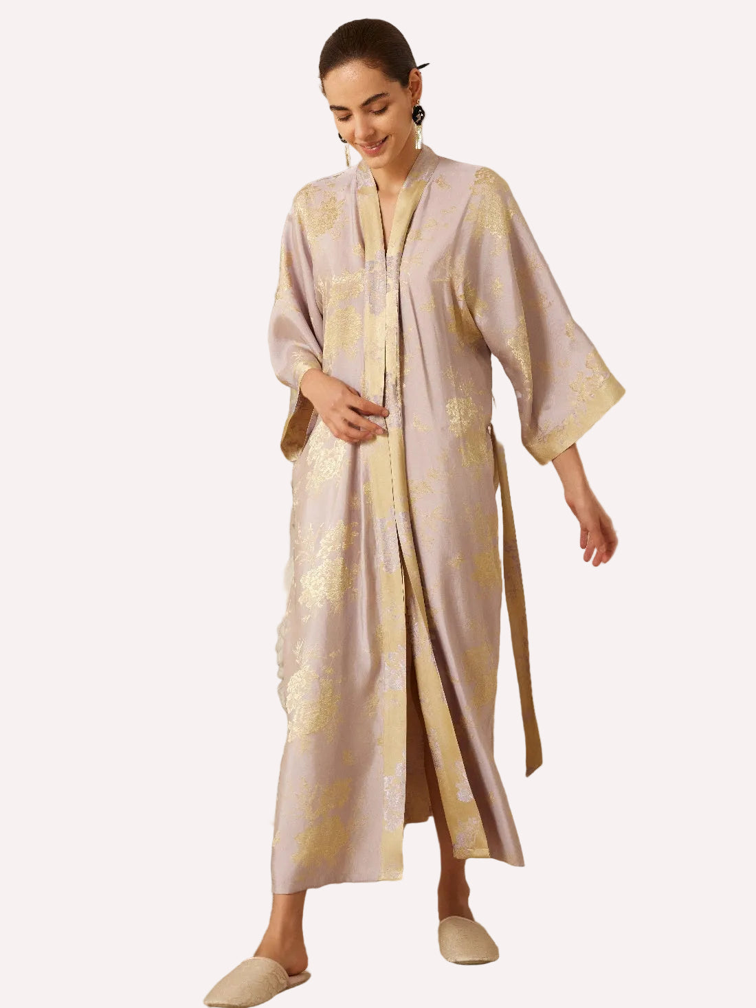 Reversible Lavender & Gold Jacquard Kimono Robe