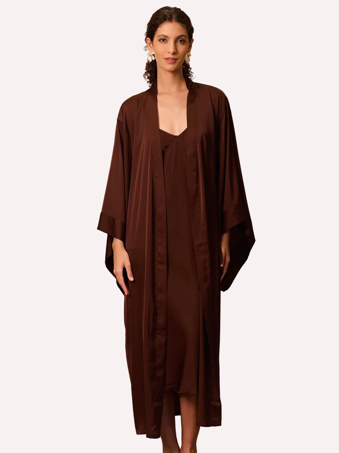 Deep Brown Flowing Sleeve Kimono Robe