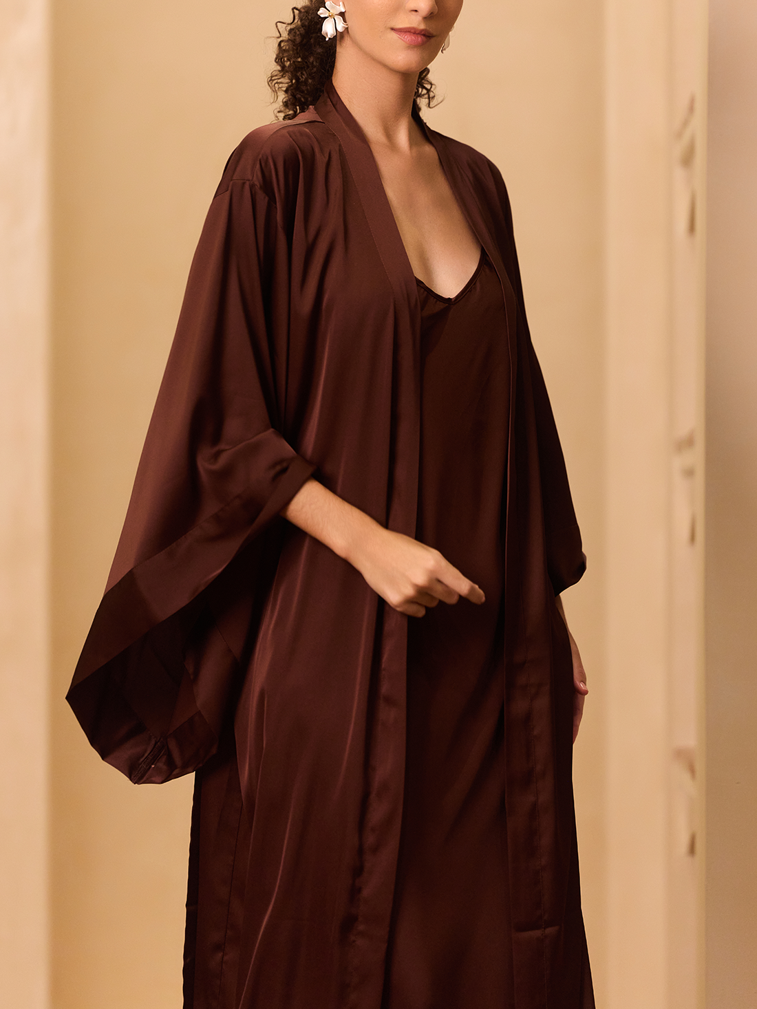 Deep Brown Flowing Sleeve Kimono Robe