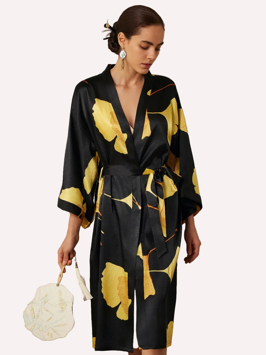 Yellow Ginkgo Leaf Print Black Kimono Robe