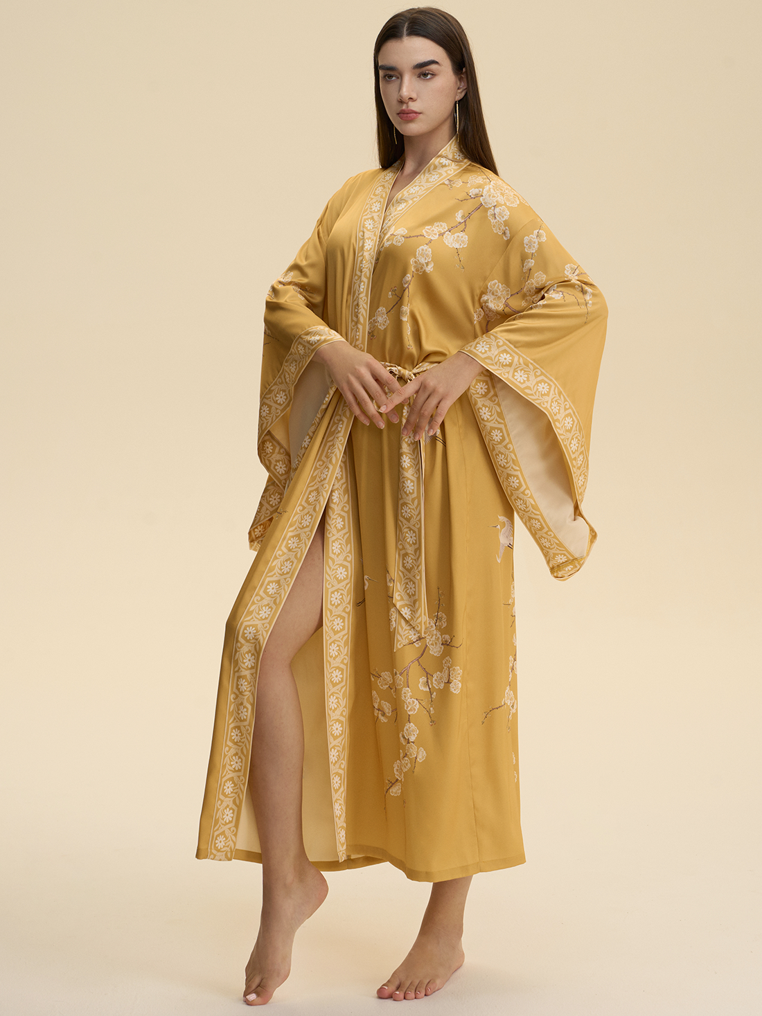 Golden Crane & Plum Blossom Kimono Robe