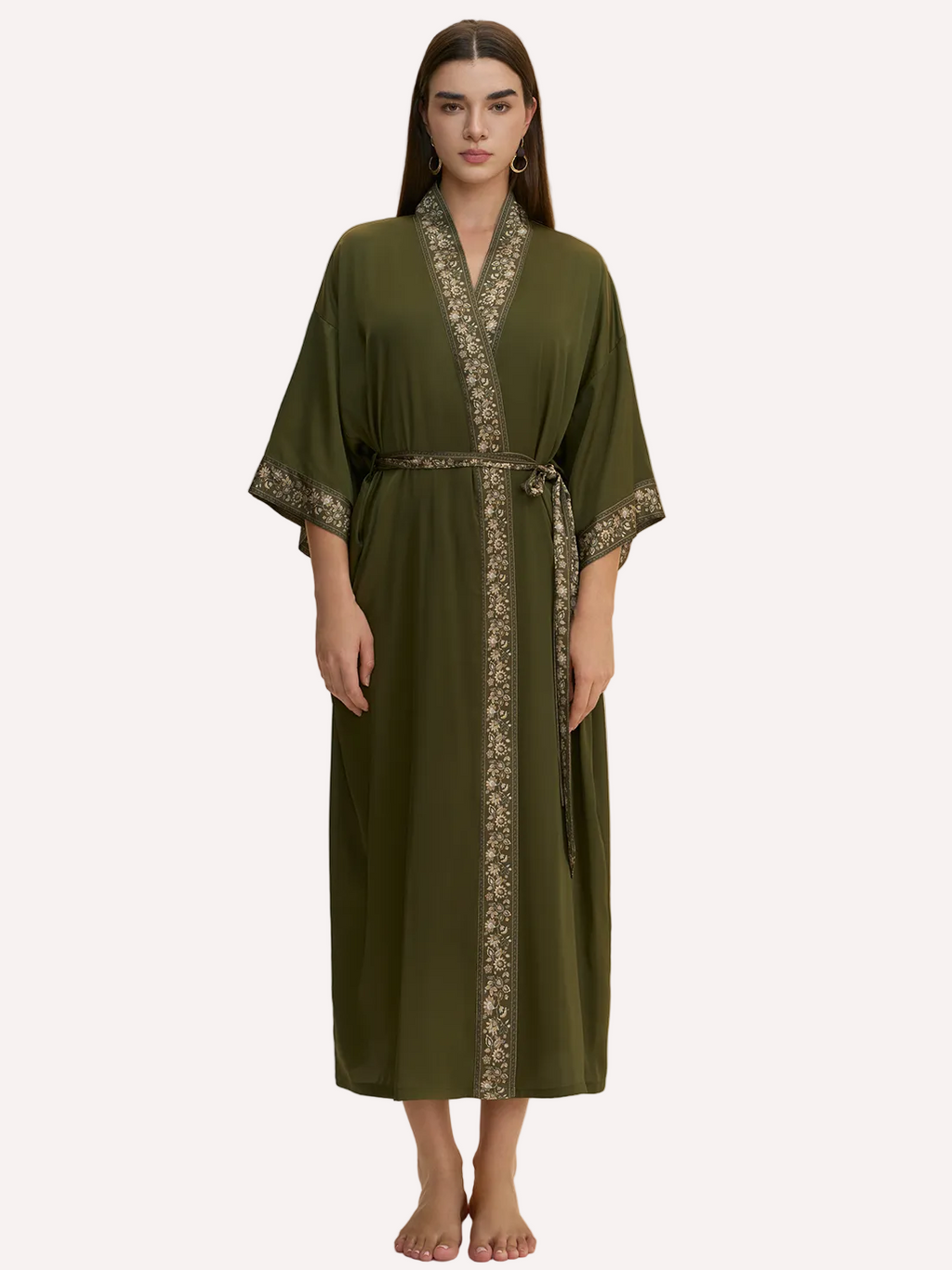 Green Embellished Flower Kimono Robe