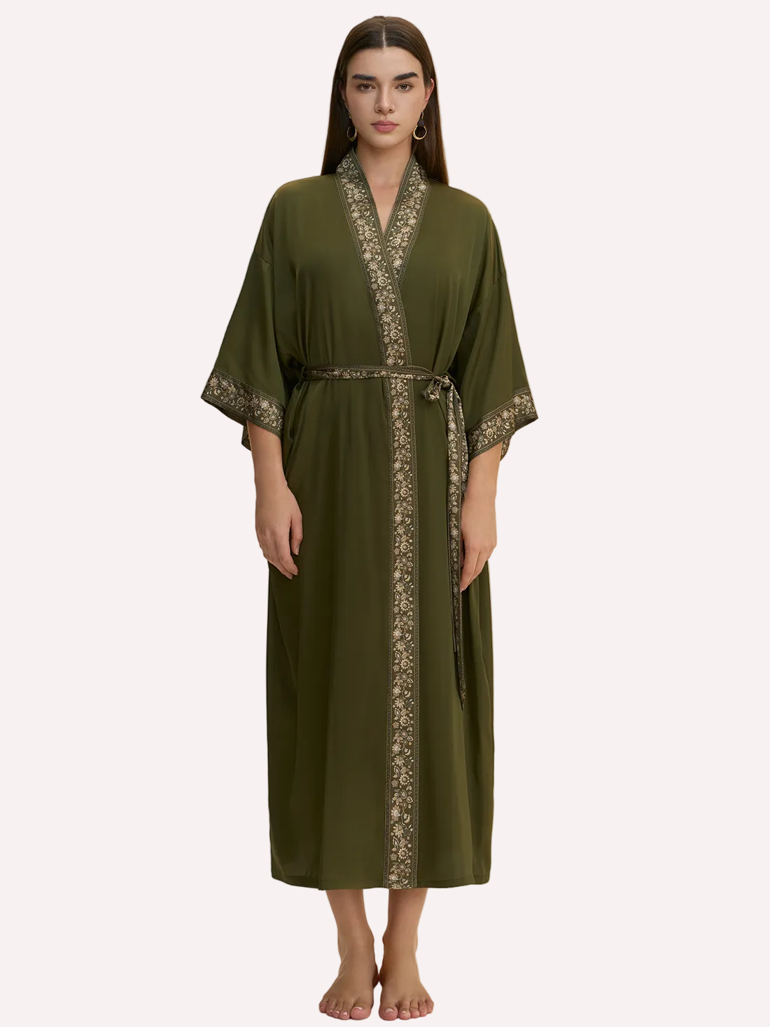 Green Embellished Flower Kimono Robe