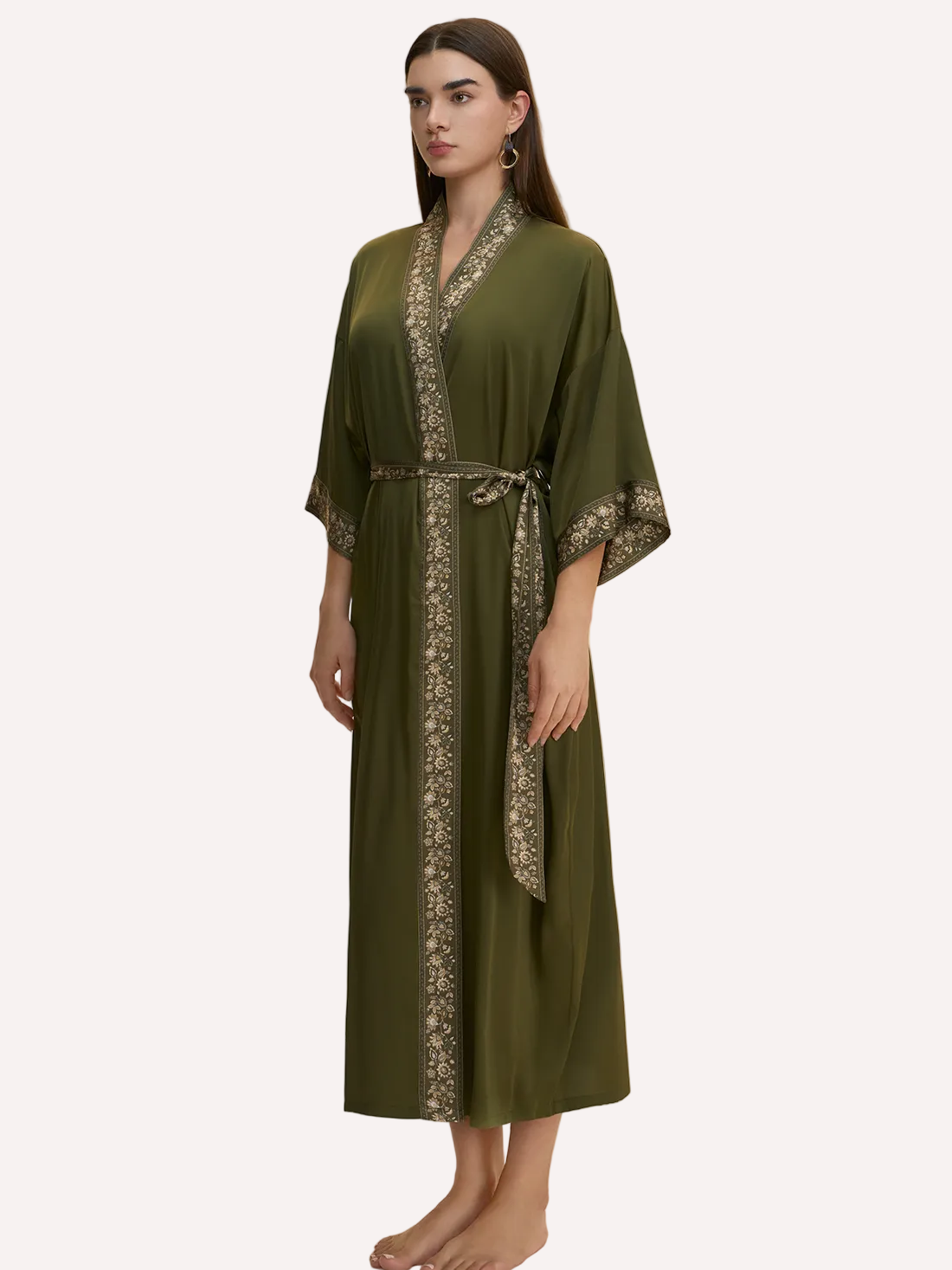 Green Embellished Flower Kimono Robe