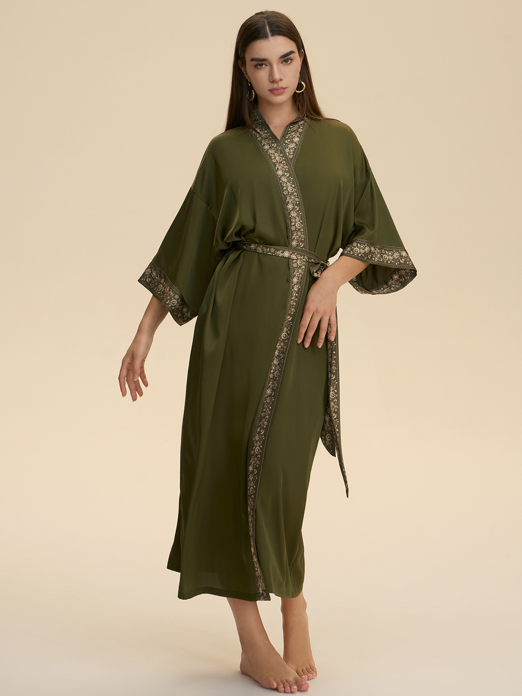 Green Embellished Flower Kimono Robe