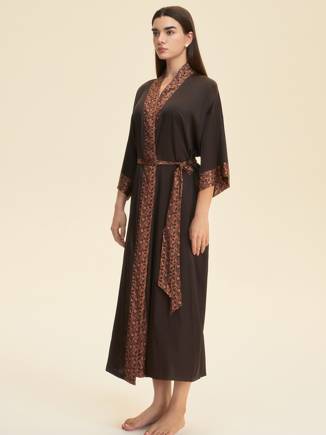Dark Brown Embellished Flower Kimono Robe