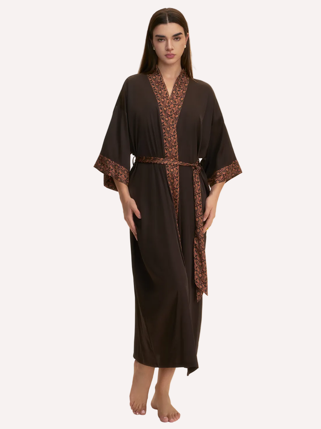 Dark Brown Embellished Flower Kimono Robe