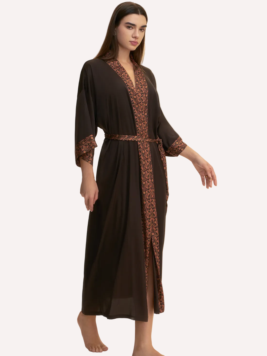 Dark Brown Embellished Flower Kimono Robe