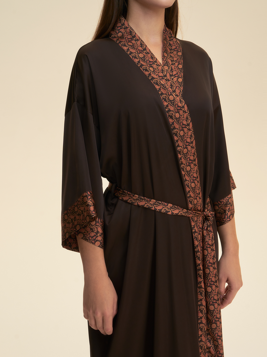 Dark Brown Embellished Flower Kimono Robe