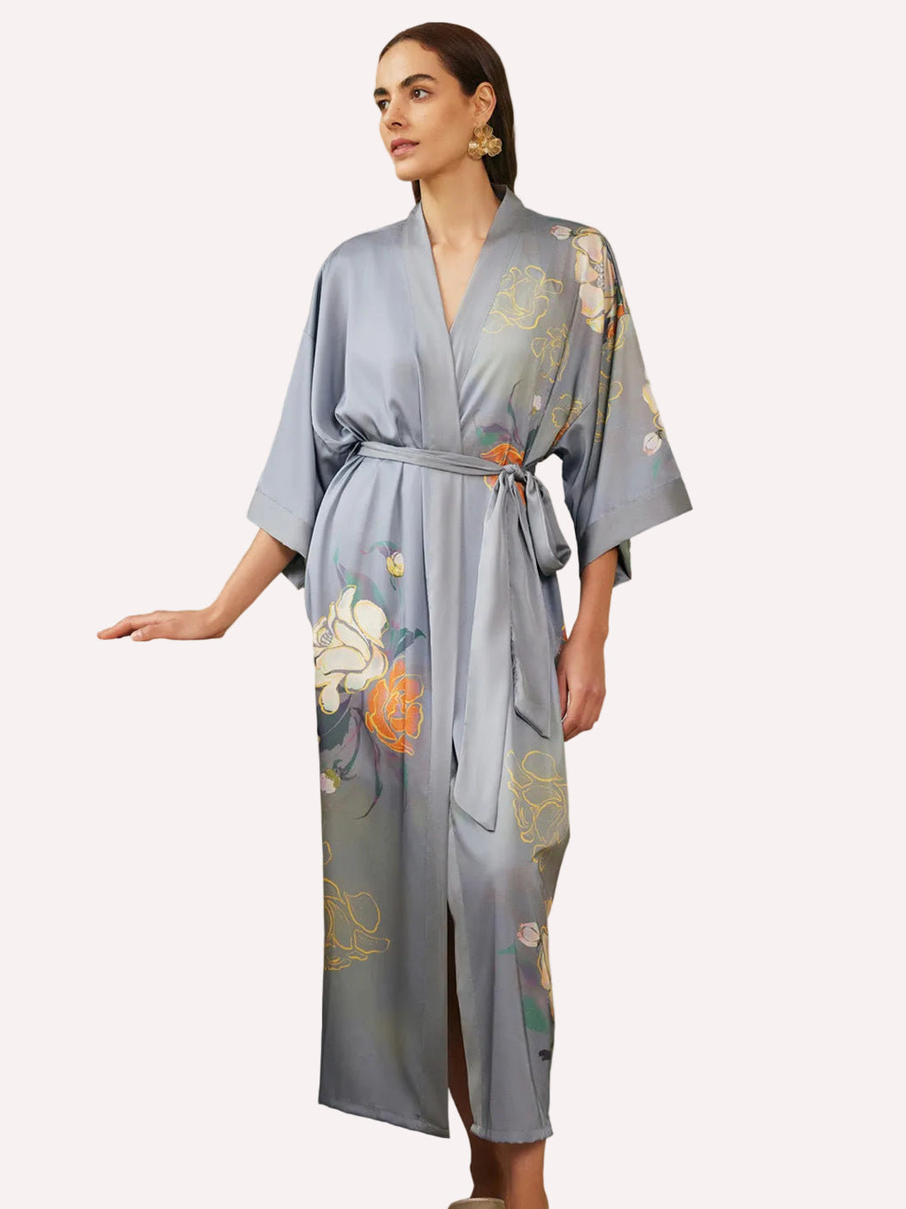 Gray Floral Gold-Print Long Kimono Robe