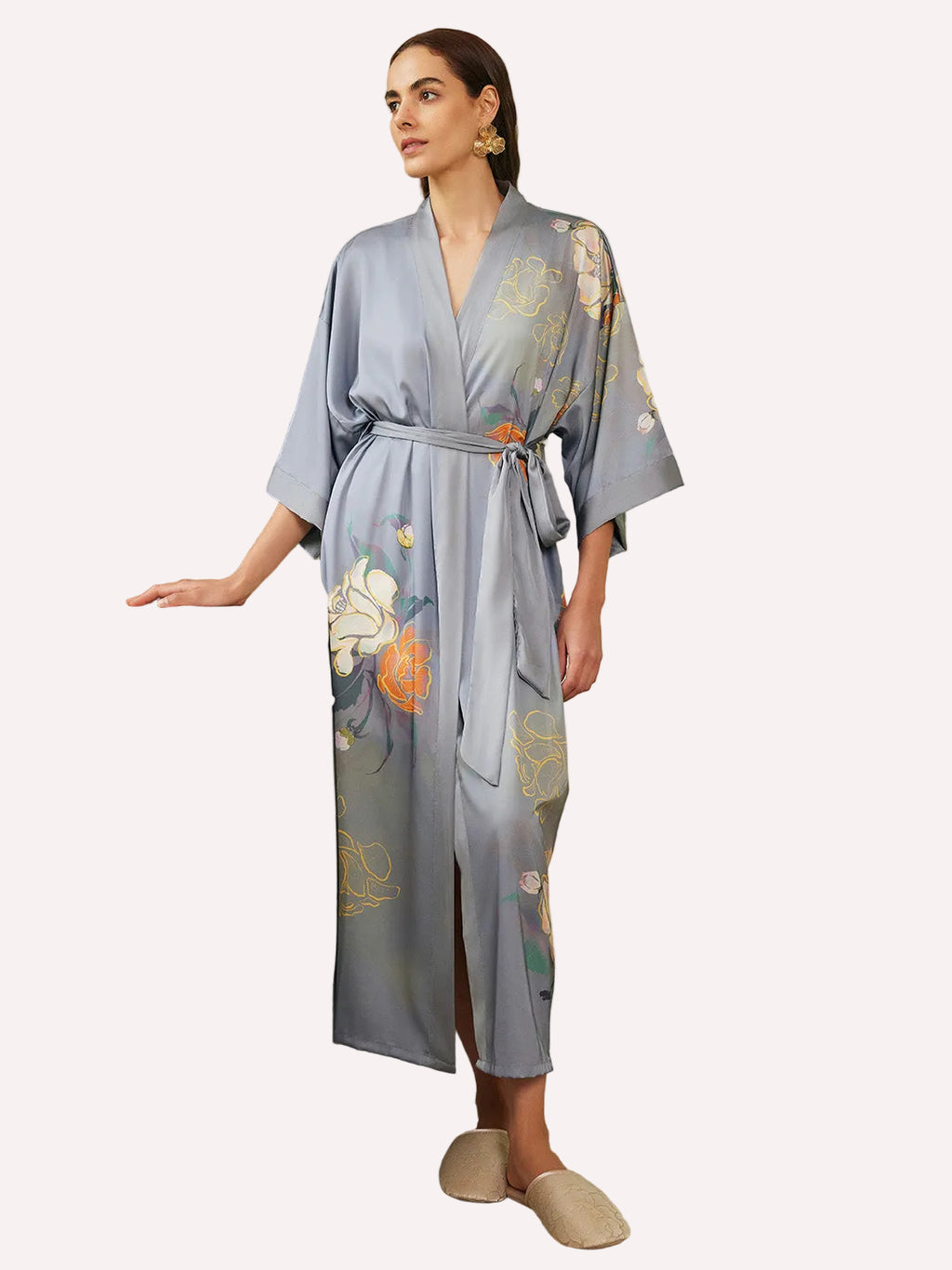 Gray Floral Gold-Print Long Kimono Robe