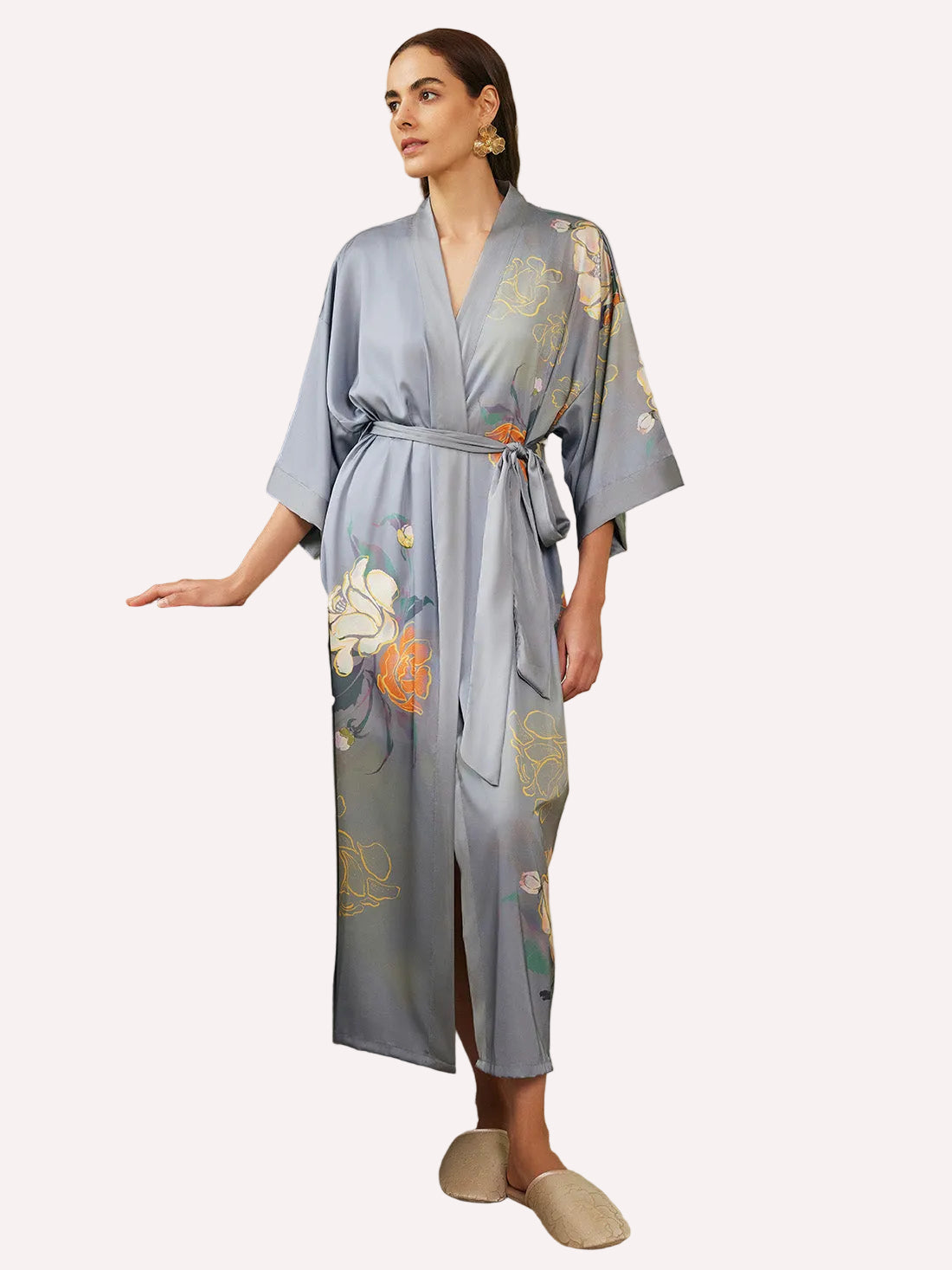 Gray Floral Gold-Print Long Kimono Robe