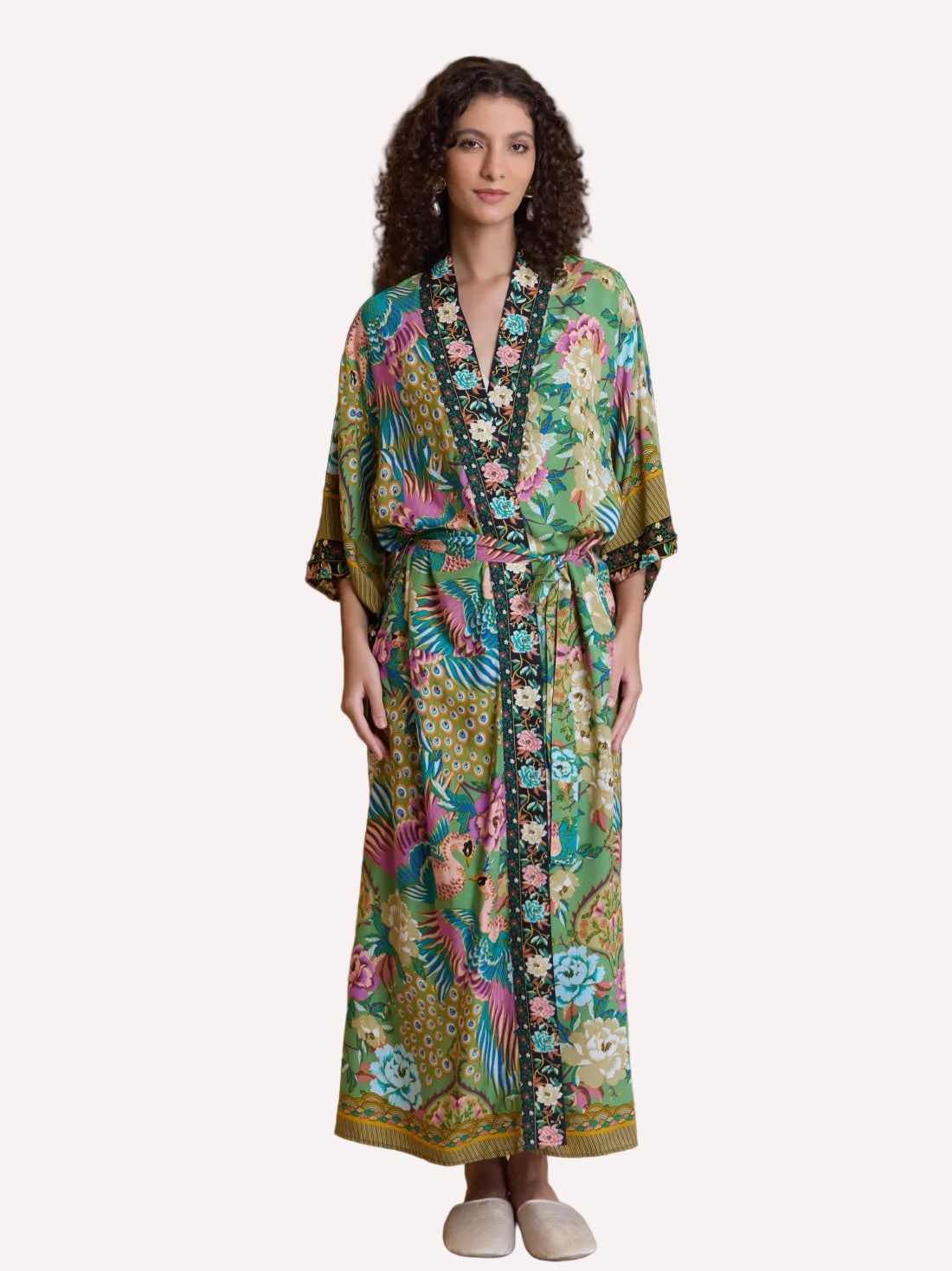 Green Phoenix Bloom Cotton Kimono Robe