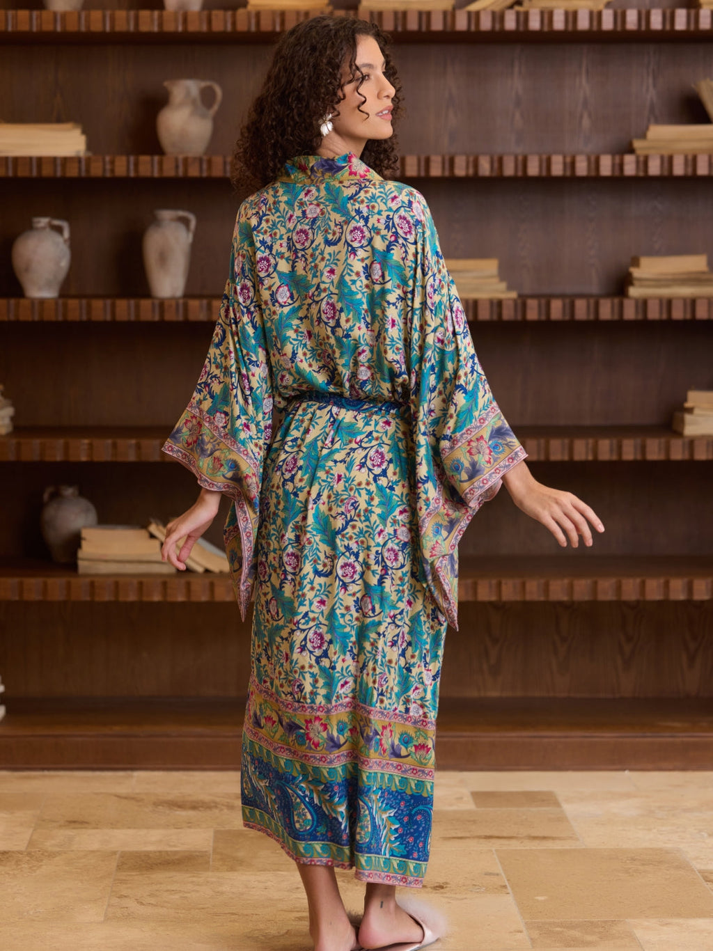 Green Floral Cotton Kimono Robe