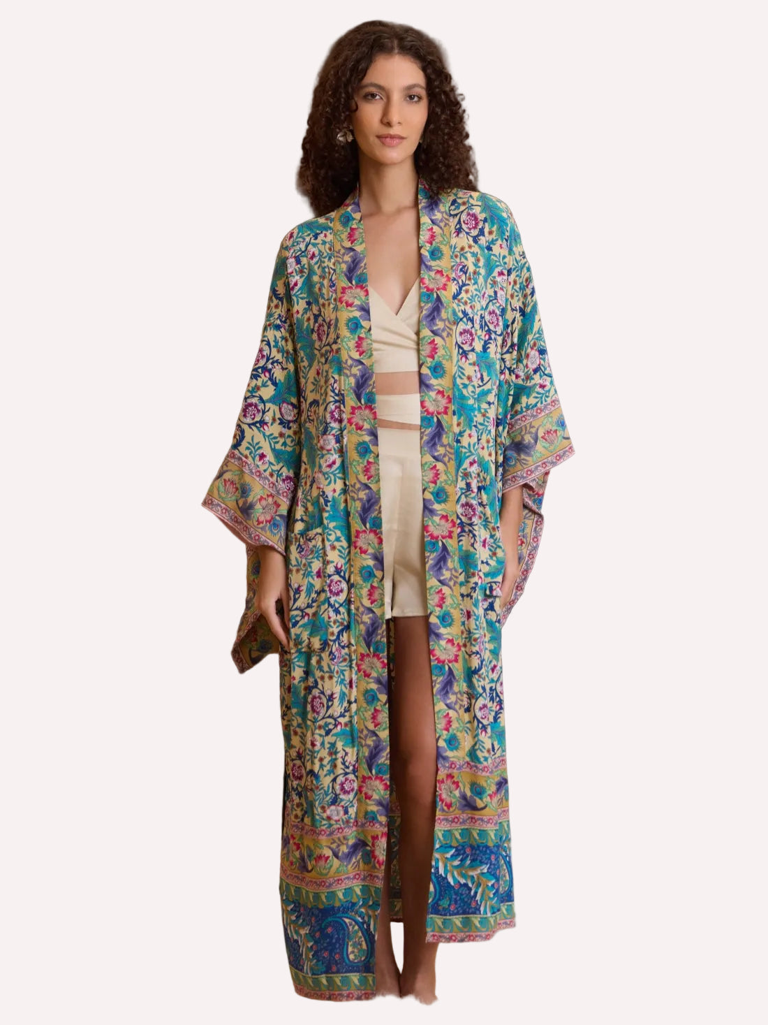 Green Floral Cotton Kimono Robe