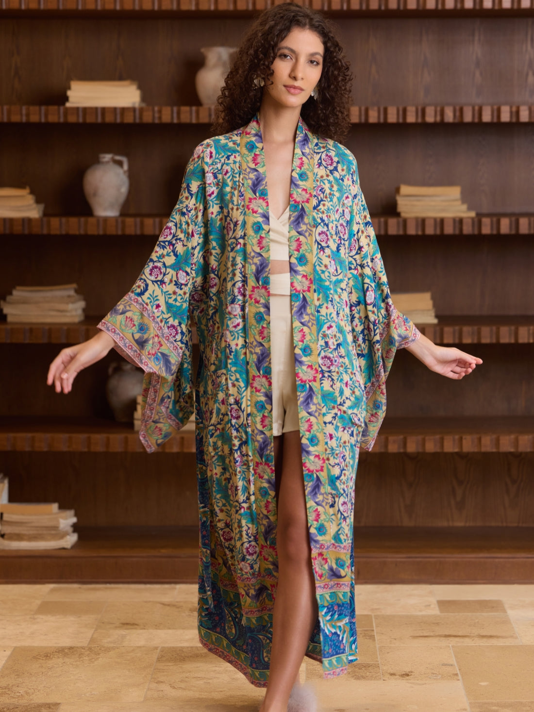 Green Floral Cotton Kimono Robe
