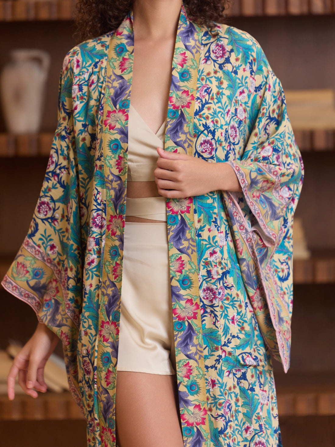 Green Floral Cotton Kimono Robe