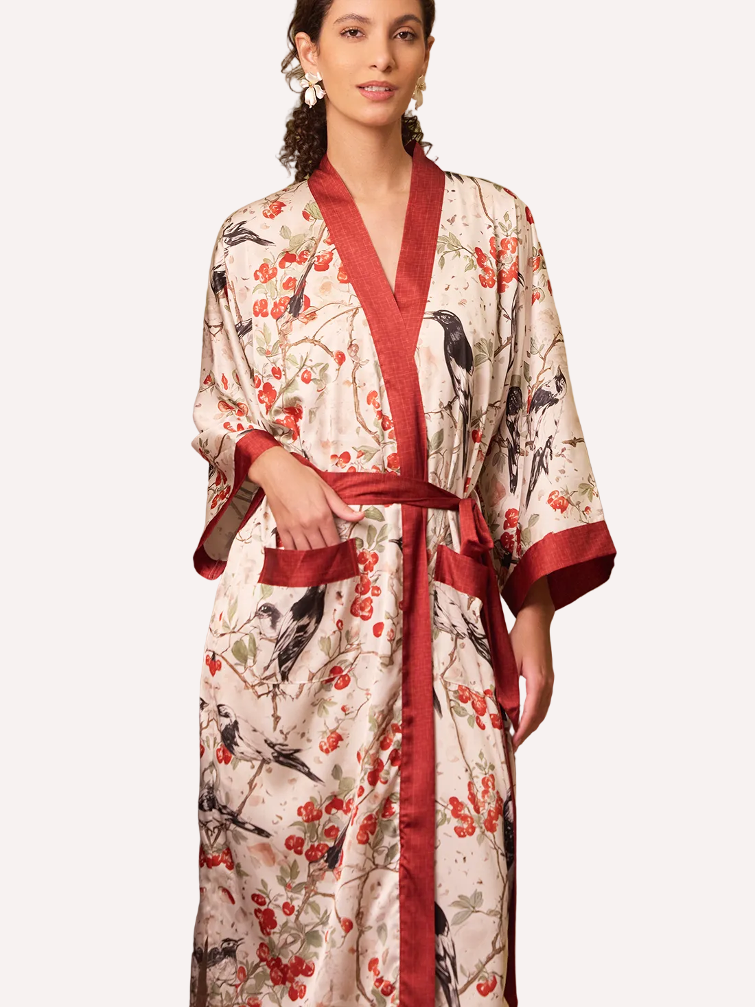 Red Magpie Garden Kimono Robe