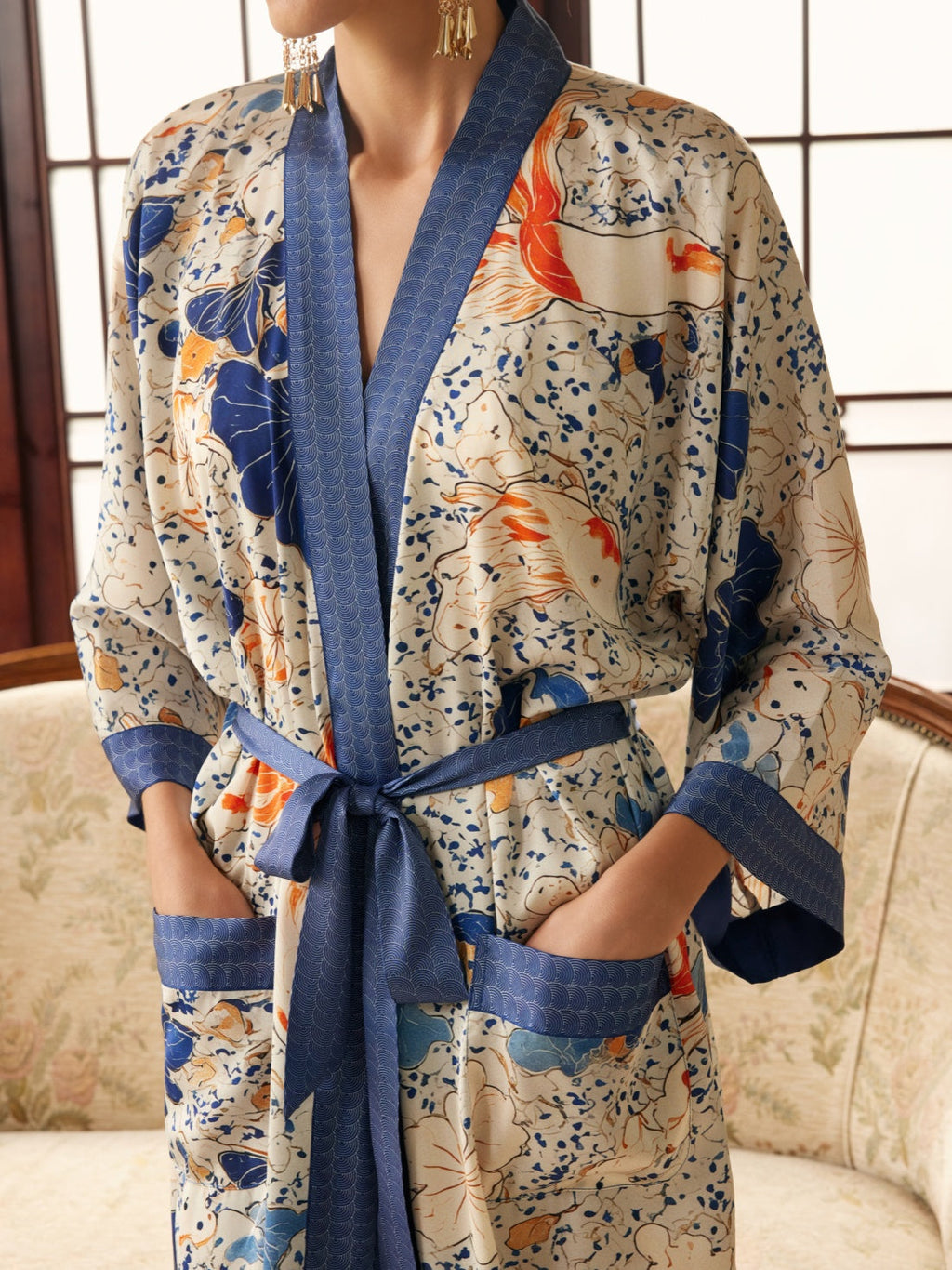 Koi & Lotus Dreamscape Kimono Robe with Elegant Pockets